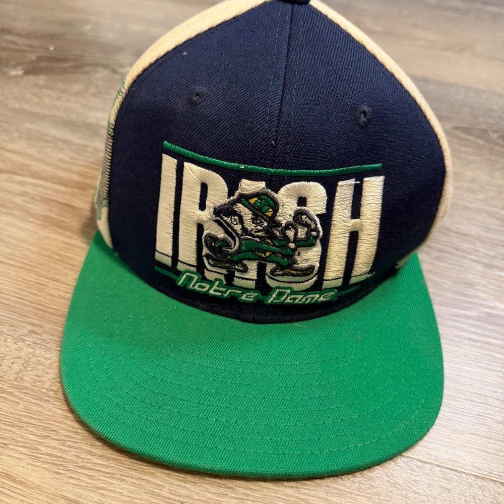 Vintage Adidas Notre Dame Fighting Irish Snapback Hat Cap Navy Green Tan - Picture 2 of 6